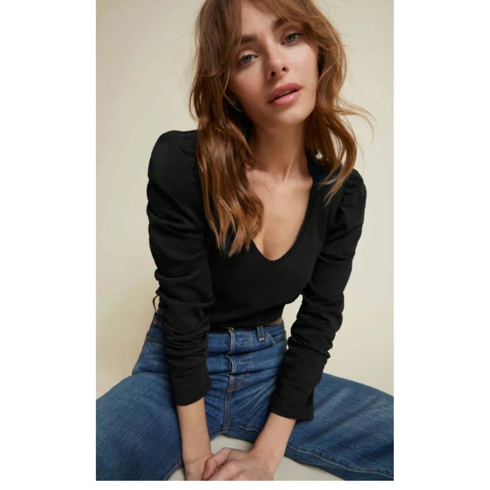 NATION LTD Women's Elizabeth Long Puff Sleeve Slub T-shirt Womens Sz Large Black